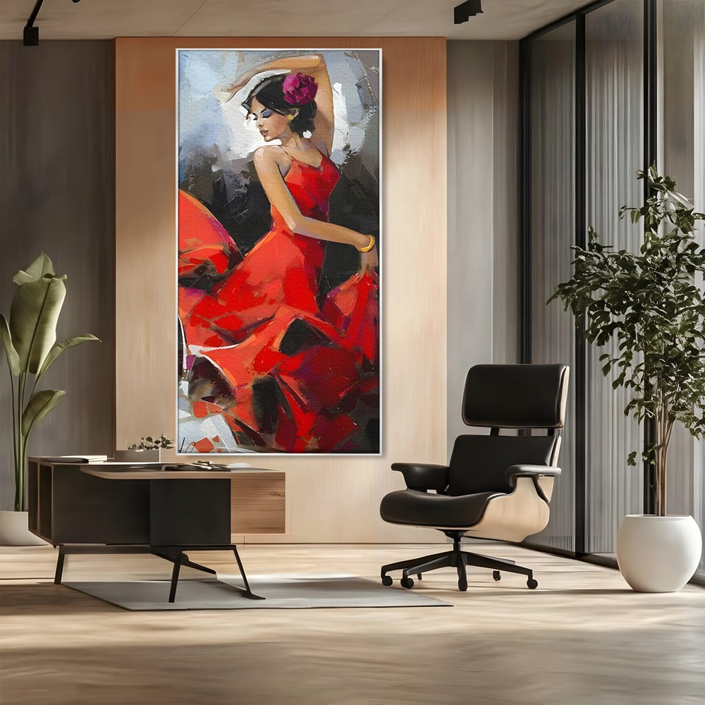 Tablou canvas cu tablou canvas cu dansatoare in rochie rosie, in rama de aluminiu argintiu, pe perete intr-un birou